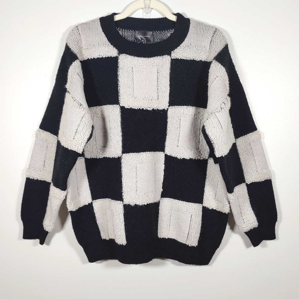 Line & Dot Black White Checkerboard Textured Sweater S Mod Graphic Knit